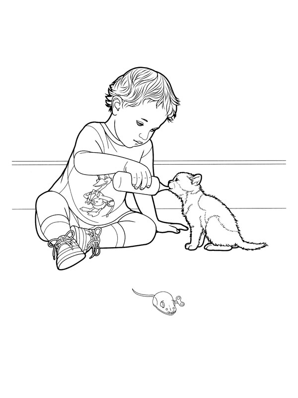 coloriage enfant donnant son biberon au chaton